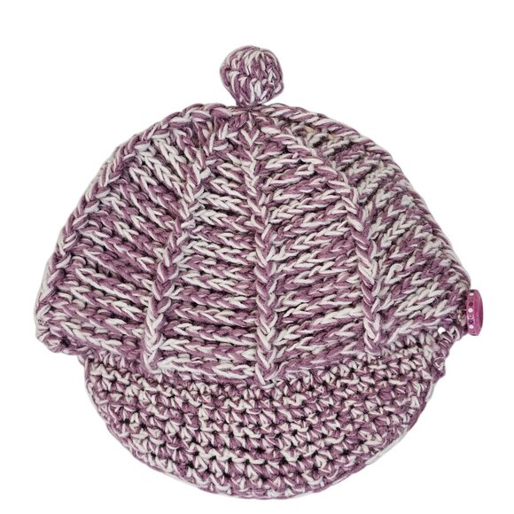 Ladies OS Fall Winter Warm Cozy Cable Knit Wool Riding Cap Purple White Pom Pom - Picture 10 of 16